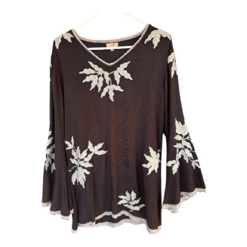 Scully Size Large Black With Gray Embroidery Tunic Top Lace Trim Western Boho